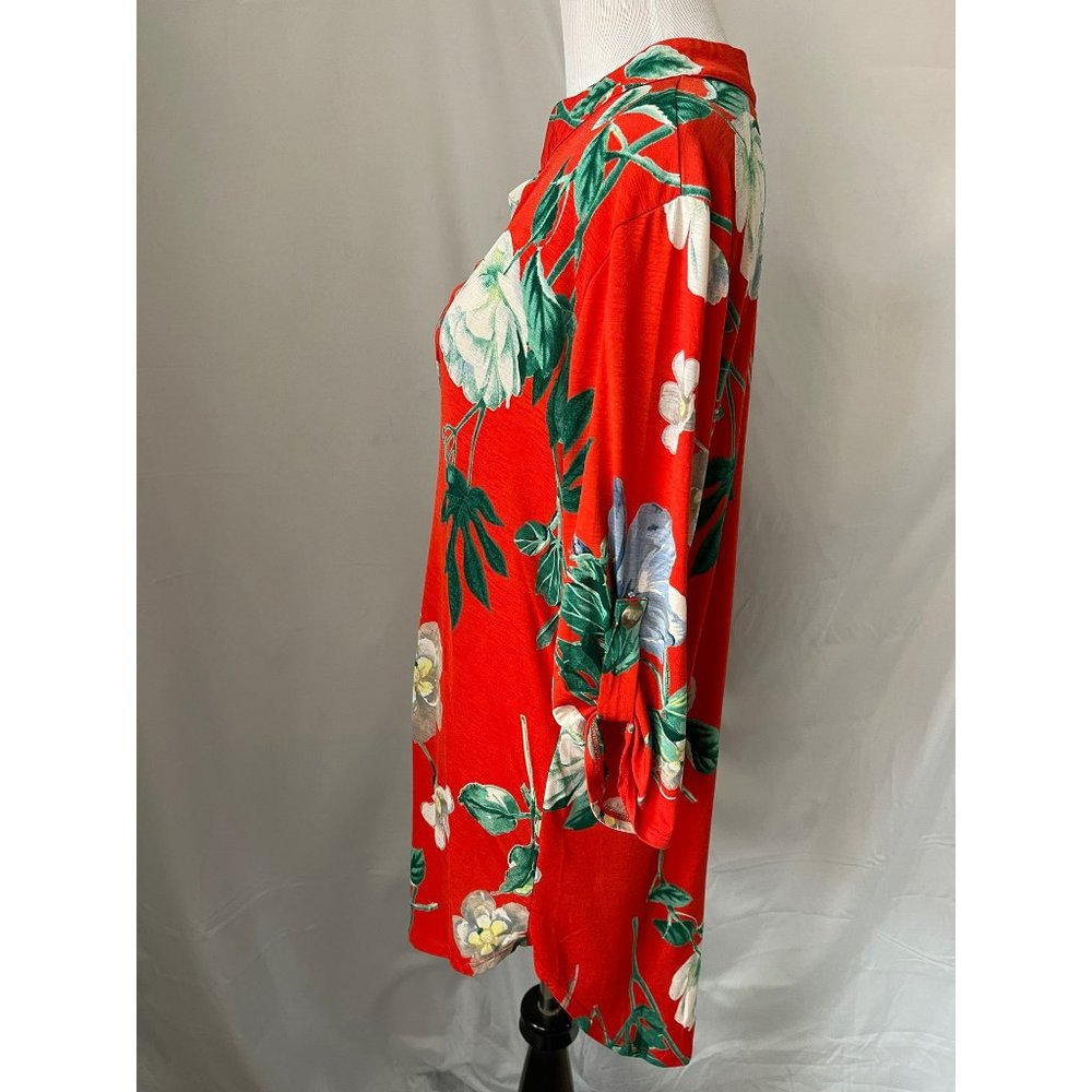 E'loges Collared Peek-a-boo V-Neck Floral Stretchy Short Sleeve Dress/Long Shirt - Picture 8 of 12